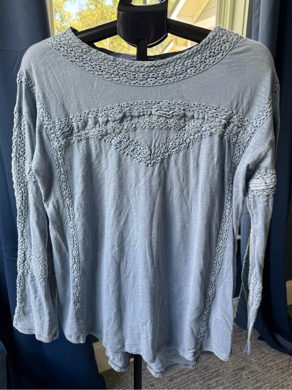 Free People Boy Meets Girl Blue Gray Crochet Lace Top Size Small